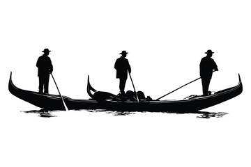 set of gondolier and boat silhouettes in black, featuring figures rowing in gondolas on white background