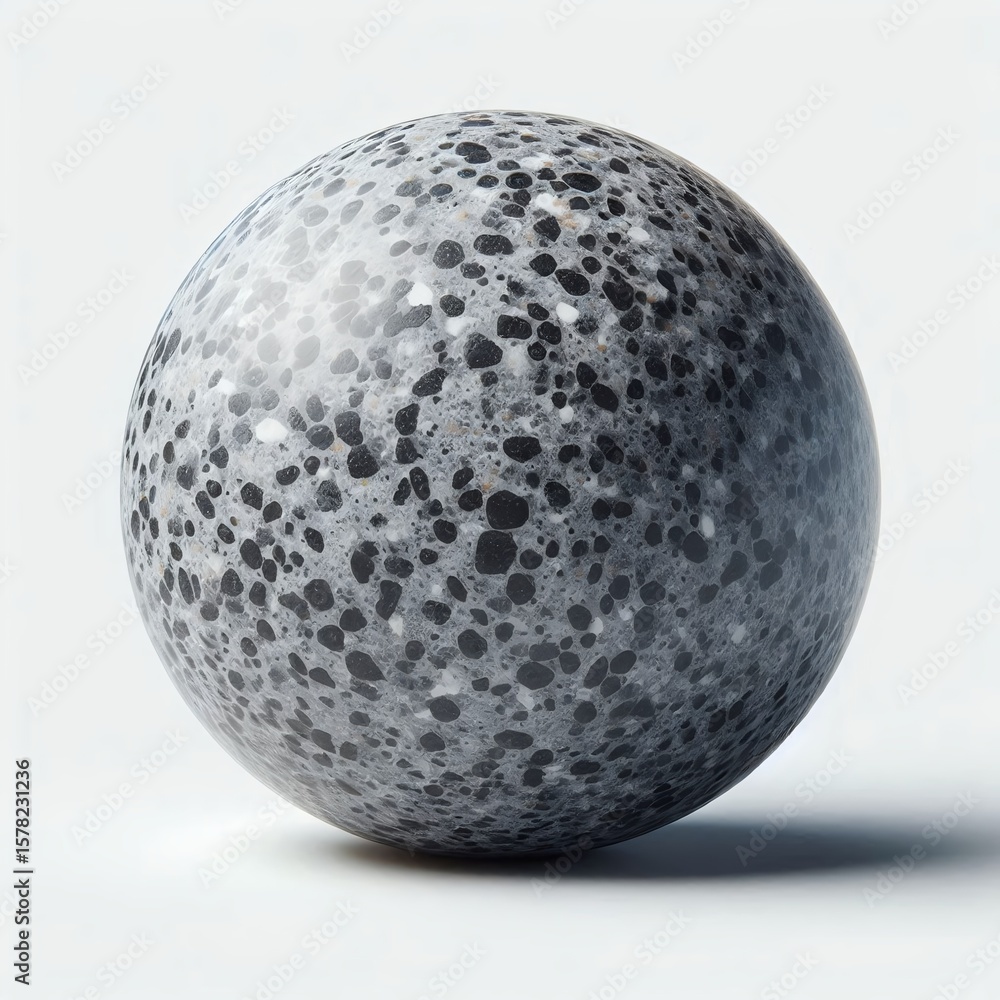 Fototapete a smooth, spherical orb with speckled grey and black stone texture rests softly in studio lighting.