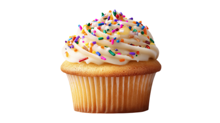 Vanilla cupcake with rainbow sprinkles isolated on transparent background 