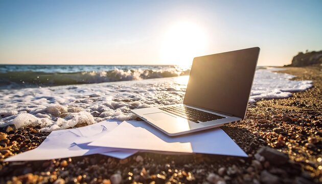 Laptop on beach at sunrise