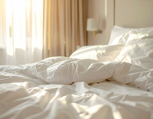 Unmade bed with white sheets in soft morning sunlight, curtains gently swaying, cozy feeling