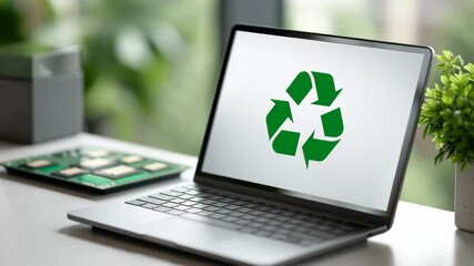 E waste management. Laptop displaying green recycling symbol screen with electronic circuit board and plant white desk promoting eco friendly technology and recycling - Powered by Adobe