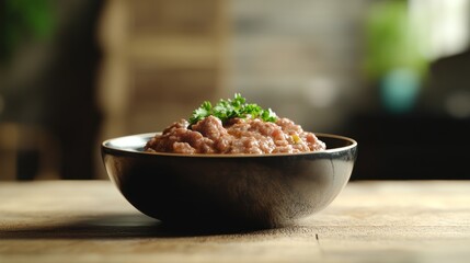 Hearty meat stew served in black bowl garnished with fresh parsley leaves