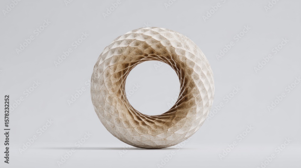 Fototapete intricate triangular pattern doughnut sculpture, textured design on a white background