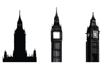 variety of big ben tower silhouettes in front and side view, designed for historical and travel themes