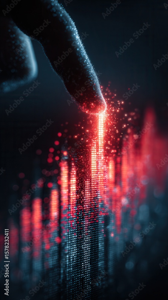 Poster digital finger touching data visualization with red and black colors