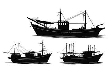 variety of fishing boat silhouettes in black style, designed for maritime and nautical visuals