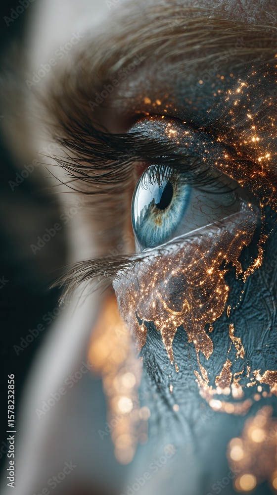 Poster close-up of an eye with sparkling world map design and detail