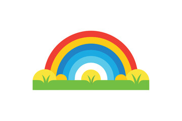 Rainbow Above Rice Field In Summer Landscape On White Background