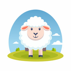 Fototapeta premium Cartoon Sheep Standing on Green Field with Blue Sky and Clouds