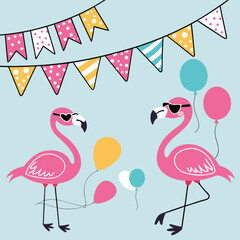 Flamingo party celebration with balloons and bunting banner decoration vector illustration design