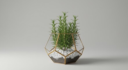 Geometric Terrarium with Rosemary: Modern Botanical Arrangement on White Background
