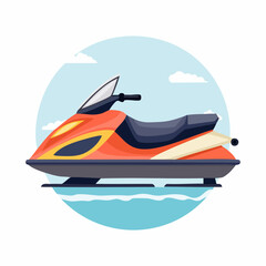 Naklejka premium Vibrant Orange Jet Ski Floating on Water with Blue Sky Backdrop