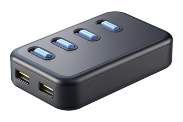 Modern black usb hub with four illuminated blue switches isolated on transparent background