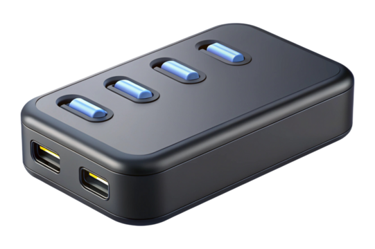 Modern black usb hub with four illuminated blue switches isolated on transparent background