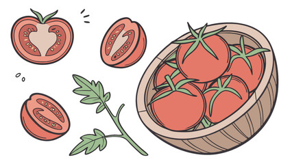 Fresh tomatoes vector graphic: tomato slices, ripe tomatoes, and tomato basket illustration design asset resource