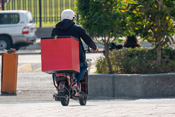 Delivery person riding an electric bike with grocery bags, urban background, eco-friendly food...