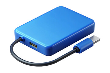 Blue usb hub with usb c connector and usb a port isolated on transparent background
