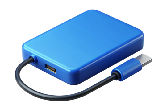 Blue usb hub with usb c connector and usb a port isolated on transparent background