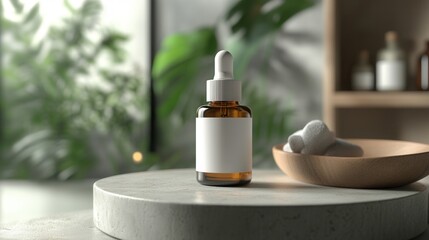 skincare bottle mockup, blank label with softly blurred spa setting background