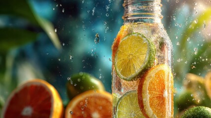 Refreshing citrus infused water in glass jar with lemon lime and orange slices in natural sunlight