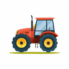 Vibrant Red Tractor with Large Wheels on Green Field Illustration