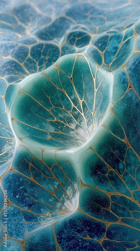 Poster intricate blue and gold abstract pattern with fluid dynamics