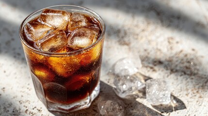 Refreshing cold cola beverage with ice cubes in a modern glass on a textured surface with natural light