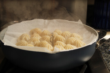 Fresh hot steamed dumplings cooked at home