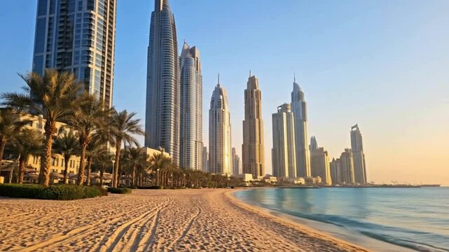 Golden Sunshine Over Dubai Iconic Buildings, Sandy Beaches, and Tranquil Palm-Lined Shores A Journey Through Majestic Architecture, Beaches, and Palm-Lined Views Sand, Sea, and Stunning Structures 