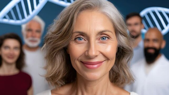 Personalized wellness concept featuring smiling mature woman with DNA strands symbolizing health and genetic care for better life - Powered by Adobe