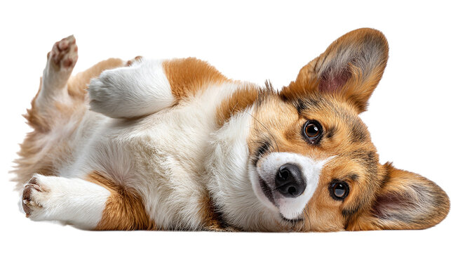 Welsh corgi rolling happily on its back isolated on transparent background 