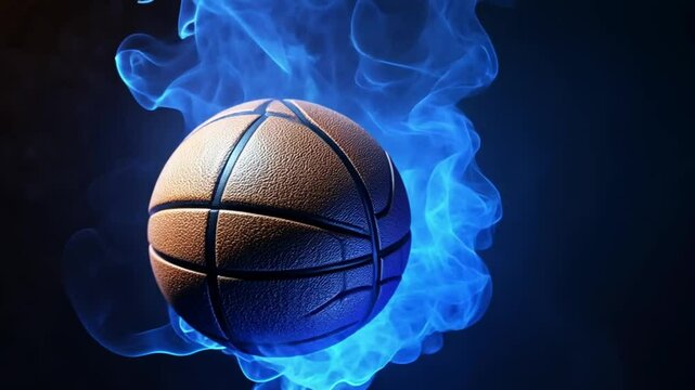 A glowing blue basketball surrounded by swirling smoke on a dark background, symbolizing energy - Powered by Adobe