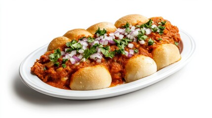 Pav Bhaji Presentation: A visually appealing shot showcasing a classic Indian street food dish, Pav Bhaji, in a vibrant display of flavors. The dish is meticulously presented on an oval plate.