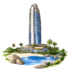 Fototapeta premium Architectural Sketch of Modern Curved Building on Tropical Island with Blue Sea and Palm Trees