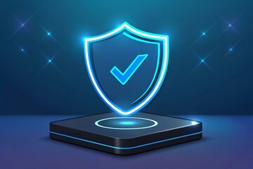 Blue glowing shield with checkmark on dark podium security