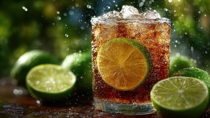 Refreshing citrus drink with lime slices in a glass surrounded by lime halves with water splashes on a wooden surface