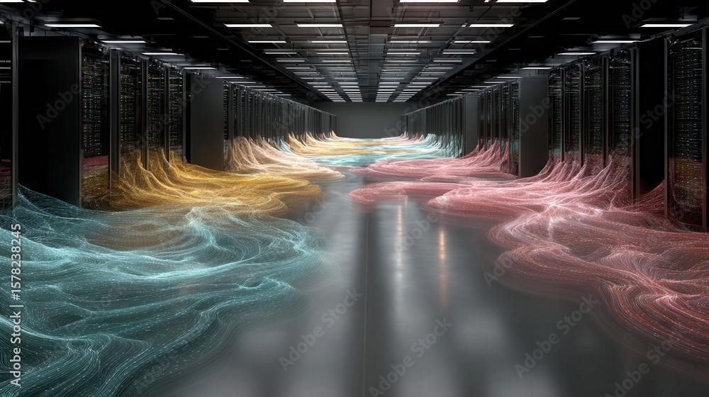 Wall mural data flow visualization in a modern server room environment