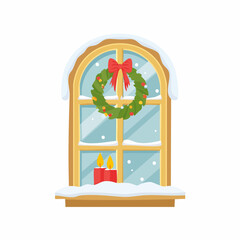 Festive Window Display Featuring Wreath, Candles, and Winter Snowfall