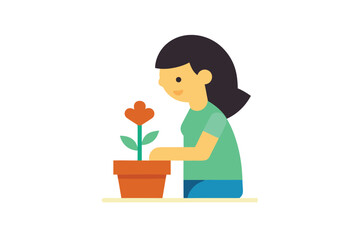 Flat Style Girl Growing Flowers In Clay Pot On White Background