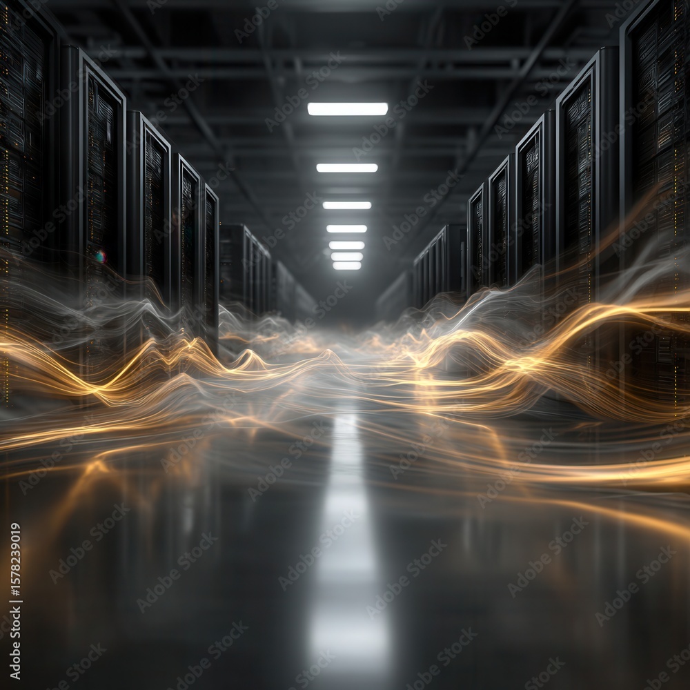 Aufkleber futuristic data center with server racks and flowing light effects
