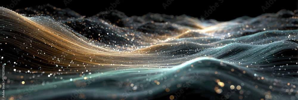 Poster abstract digital waves with glowing particles in dark background