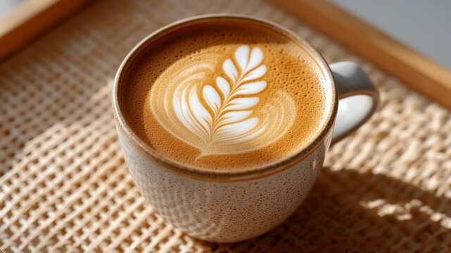 Coffee oat milk. Latte coffee cup with ceramic foam art featuring intricate leaf design on woven tray bathed in warm sunlight creating cozy inviting atmosphere