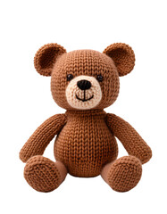 Charming handmade knitted teddy bear sitting against a transparent background, radiating warmth and perfect for childhood nostalgia or cuddly companion.