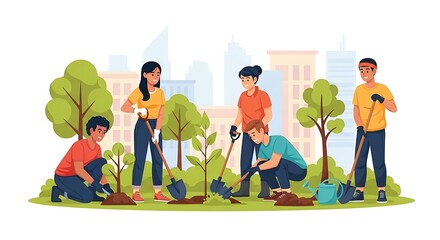 Group of volunteers planting trees in a park, contributing to environmental conservation.