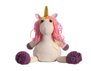 Charming crocheted unicorn doll with a golden horn and pink mane sits against a transparent background, perfect for whimsical designs.