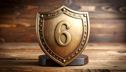 Ornate bronze shield award on a wooden table