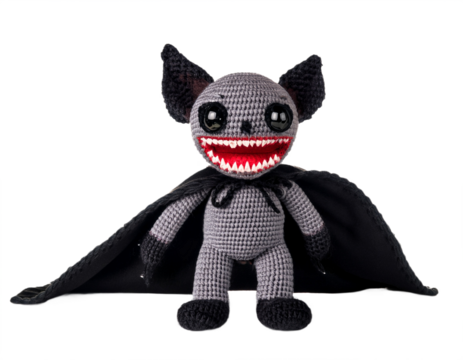 A charming crochet bat doll with a large toothy grin and cape stands out against a dark backdrop, perfect for Halloween, transparent background