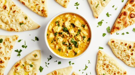Aromatic Curry and Naan: A culinary arrangement of creamy, golden curry and soft, freshly-baked naan bread, creating a visual feast that celebrates the rich flavors and textures of Indian cuisine.
