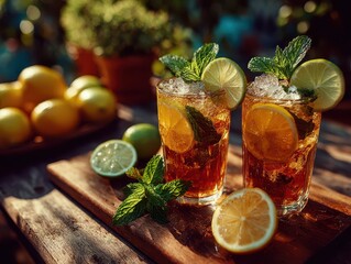 Refreshing citrus drinks with lemon lime slices mint leaves and ice on rustic wooden table outdoor setting